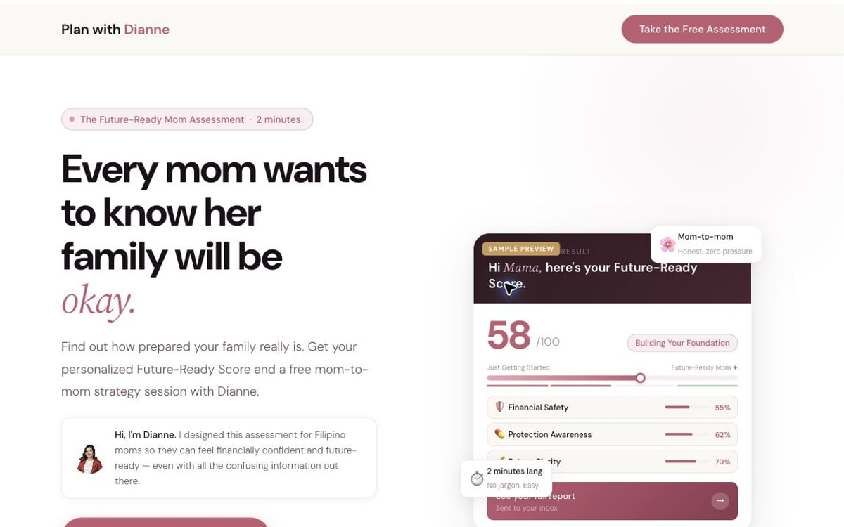 Future-Ready Mom assessment funnel built for financial advisor Dianne Fernandez