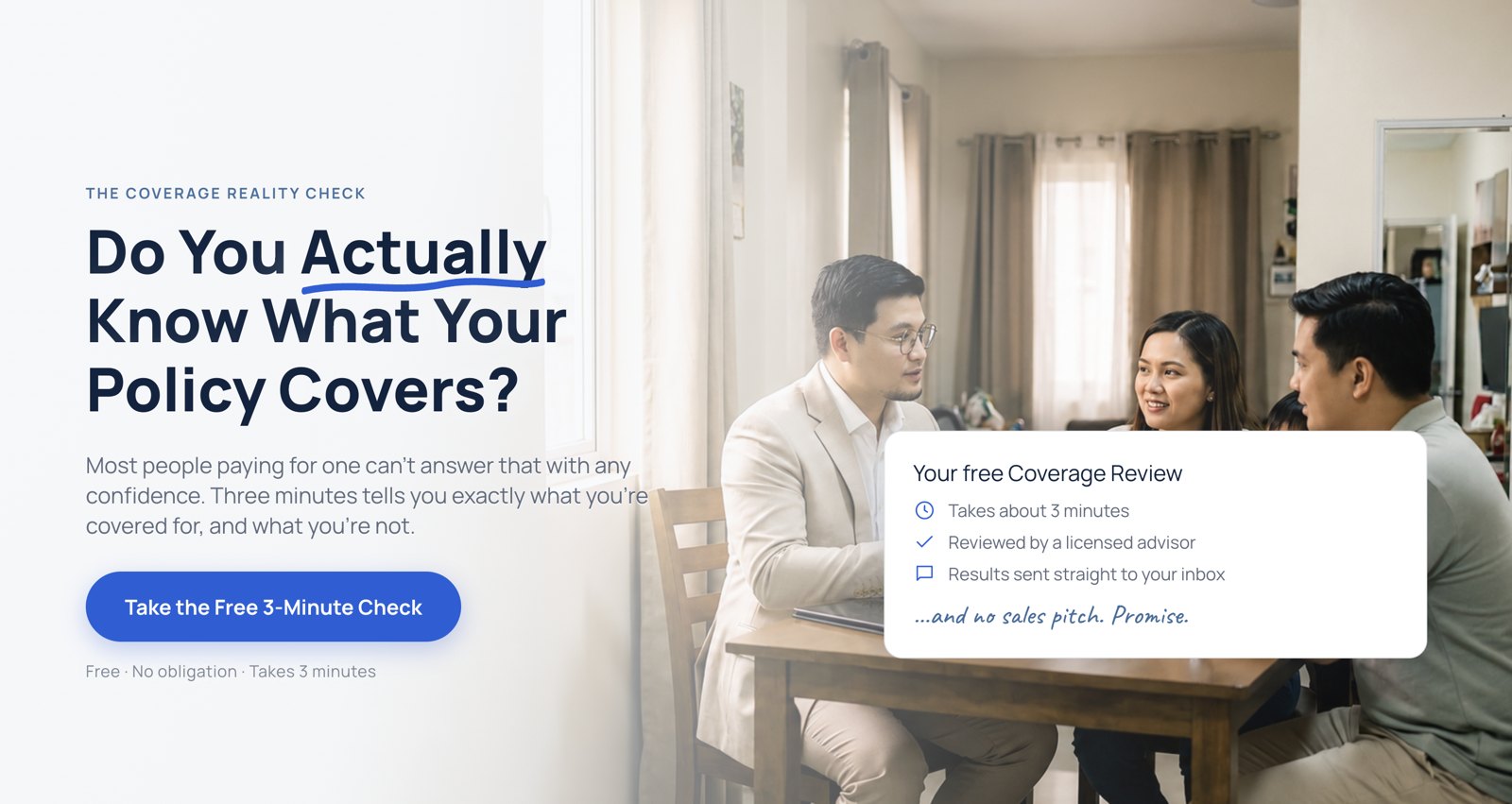 The Coverage Reality Check landing page built for Mark Pacardo