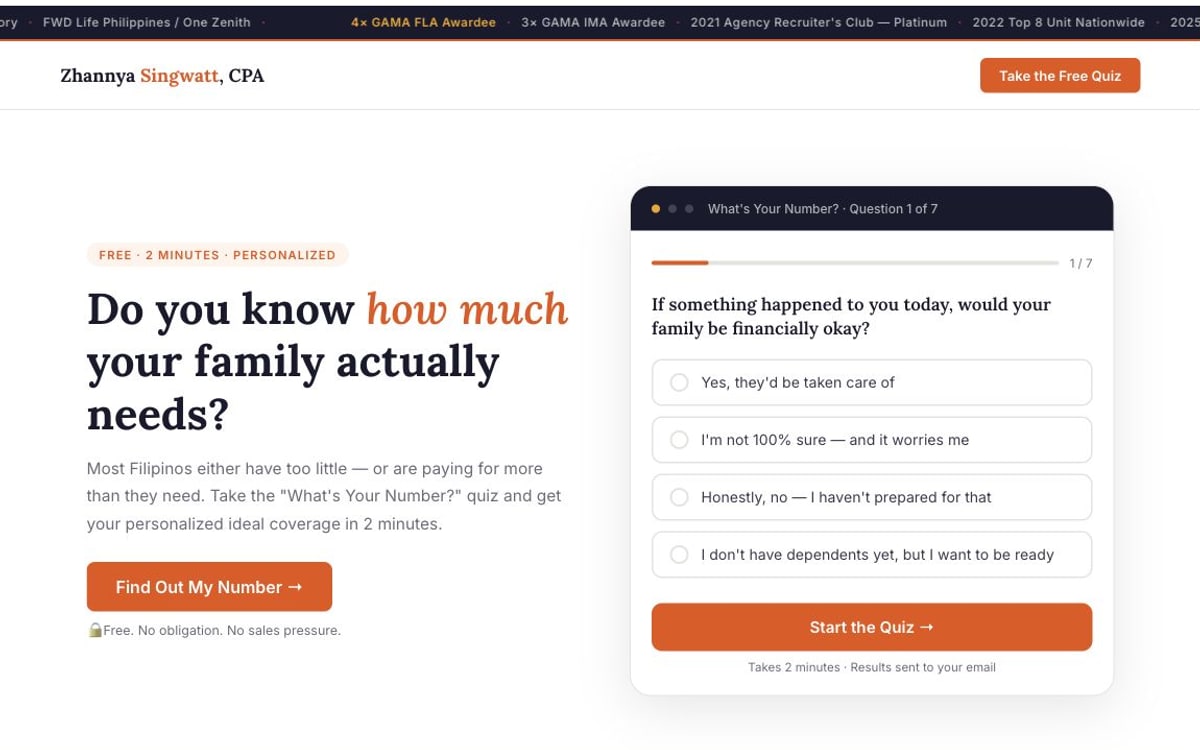 What's Your Number coverage quiz funnel built for financial advisor Zhannya Singwatt