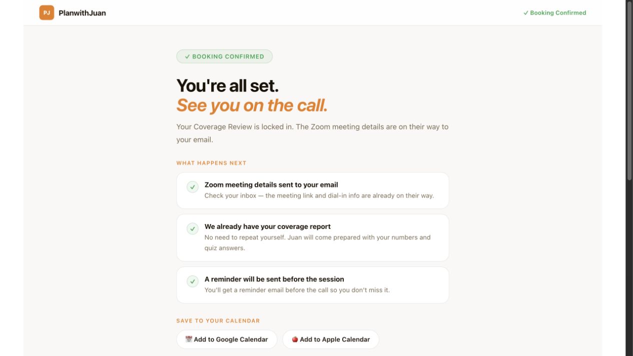 Booking confirmation page