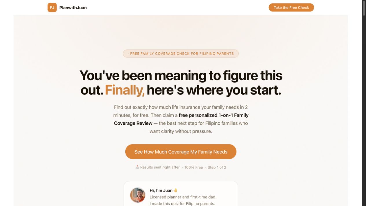 PlanwithJuan family coverage landing page